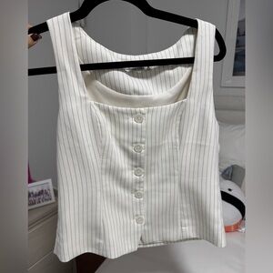 White and navy pinstripe top with buttons down the middle #y2k #workchic